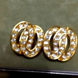 Vintage Signed Monet Clear Crystal Rhinestone Clip On Earrings